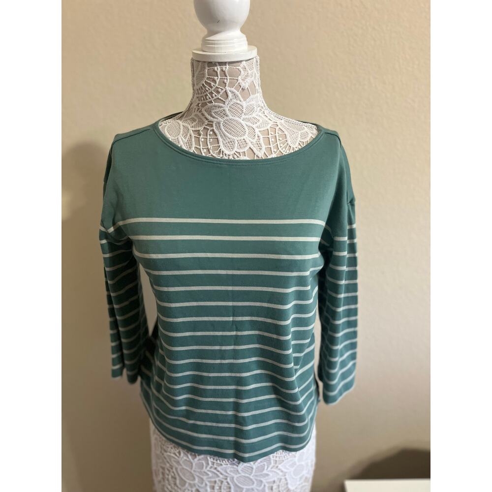 Lands End preppy sage green and white striped top 100% cotton-womens size medium